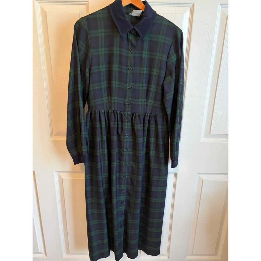 Vintage Stonebridge 80s Plaid Maxi Dress Green Navy Blue Black Watch Size 6